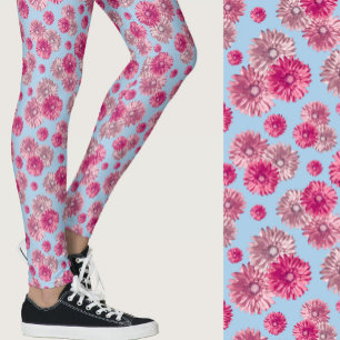Leggings Gerbera marguerite rose et bleu clair à motif flor