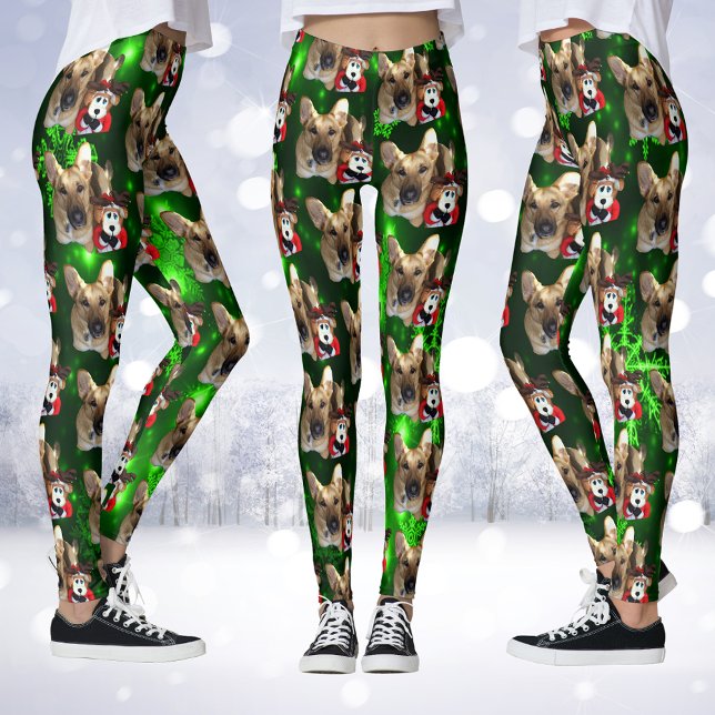 Leggings German Shepherd, Toy Reindeer, Green Snowflakes (German Shepherd, Toy Reindeer, Green Snowflakes Leggings)