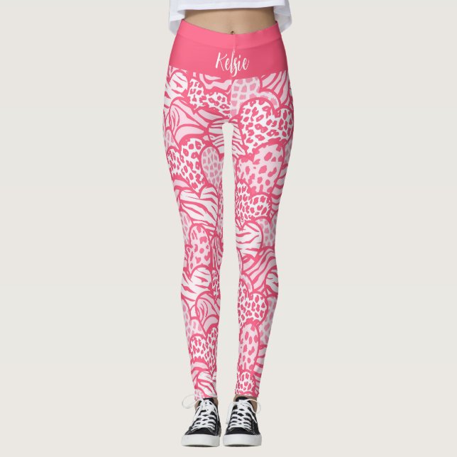 Leggings Girly Blush Rose mignon Animal Imprimer Coeurs Nom (Devant)