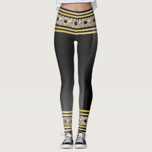 Leggings Girly Pearls Moderne Gold Black Stripes élégant