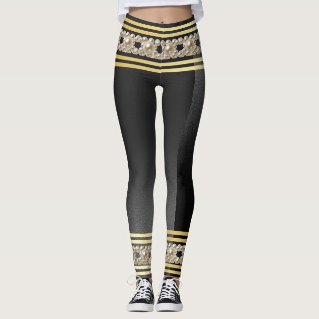 Leggings Girly Pearls Moderne Gold Black Stripes élégant (Devant)