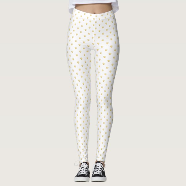 Leggings Girly White Hearts Motif Gold (Devant)