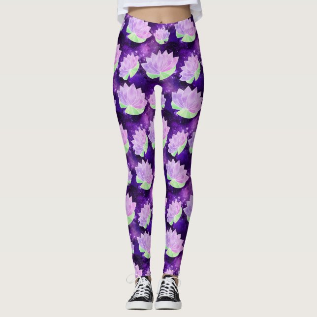 Leggings Glam cosmique Violet Lotus Fleurs Galaxie Imprimer (Devant)