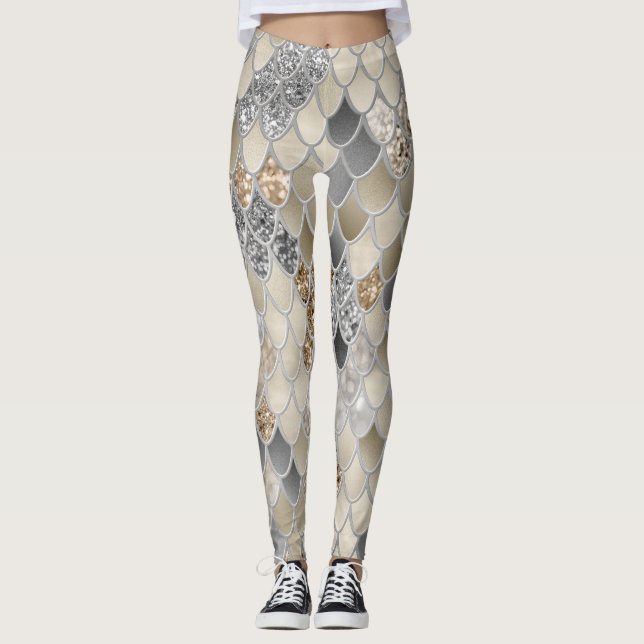 Leggings Glam de sirène gris argenté or #1 (Devant)