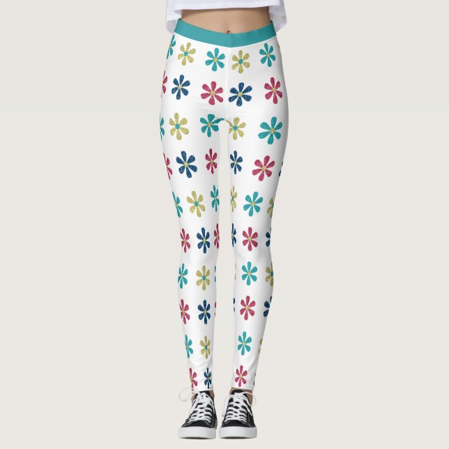 Leggings Glam Girly 60s Parties scintillant Fleurs or bleu  (Devant)