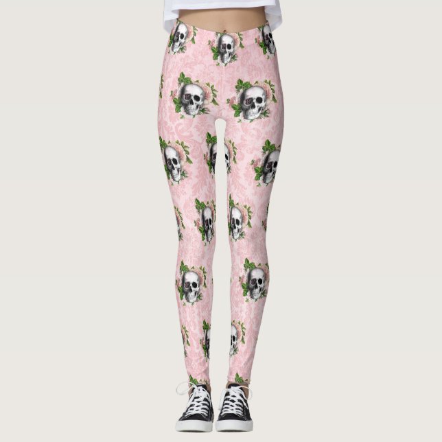 Leggings Glam gothique rose victorien Squelette et Damas (Devant)
