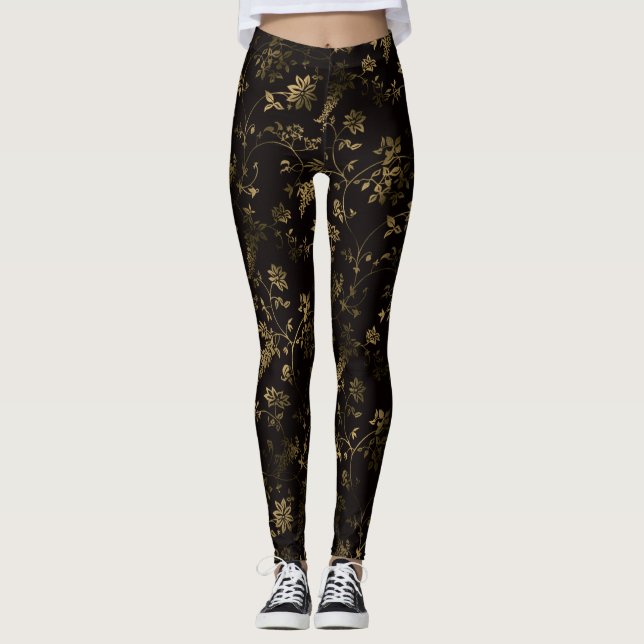Leggings Glam or feuille motif brun (Devant)