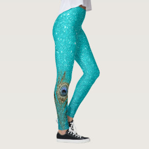 Leggings Glam Parties scintillant bleu turquoise avec plume