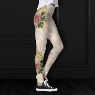 Leggings Glam Steampunk Rose rose et or Rustique Floral