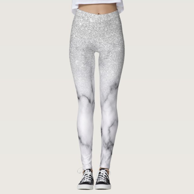 Leggings Glamorous Silver White Glitter Marble Gradient (Devant)