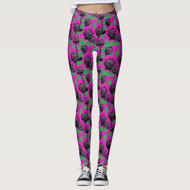 Leggings Glossy Black Roses On A Hot Pink Background (Devant)