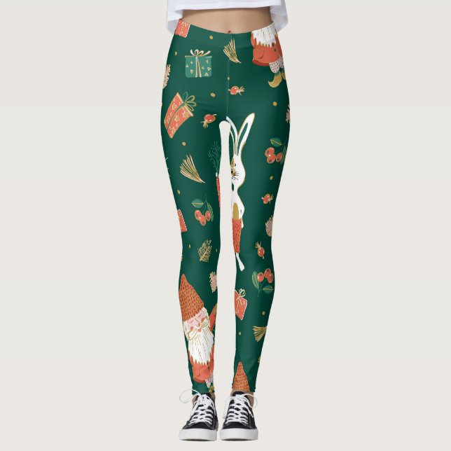 Leggings Gnomes de Noël, Motif de vacances de lapin. (Devant)