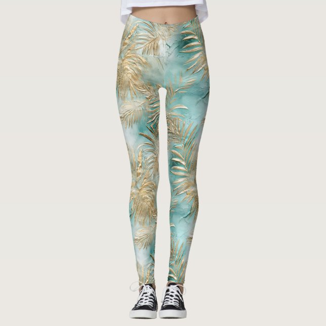 Leggings Gold Aqua White Feuilles tropicaux (Devant)