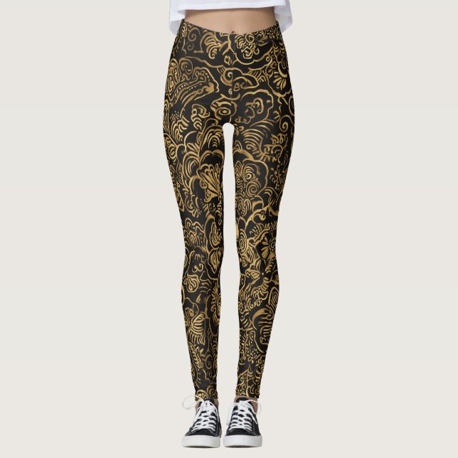 Leggings Gold Floral Baroque Pattern on Black (Devant)