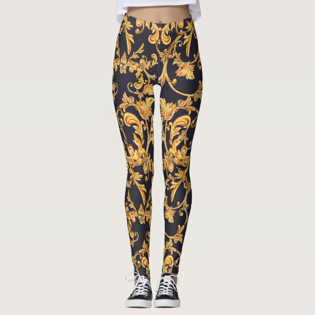 Leggings Golden Baroque, Scroll Feuille Motif. (Devant)