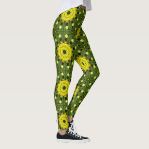 Leggings Golden Green Sunburst Kaleidoscope motif floral