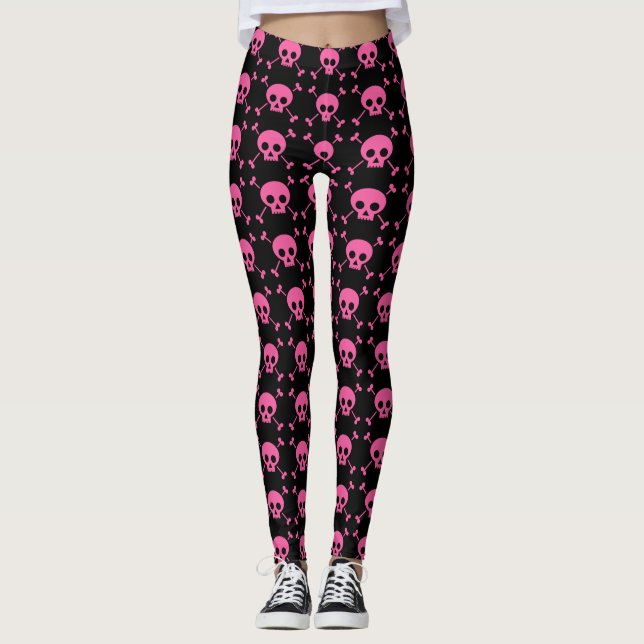 Leggings Goth Girl Pink Black Skuls Motif Cool (Devant)