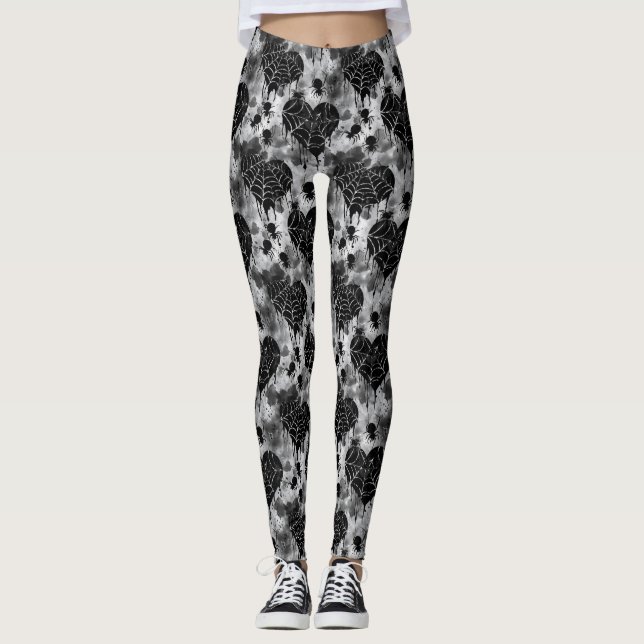 Leggings Gothique Amour Éffrayant Spider Web avec Coeurs (Devant)