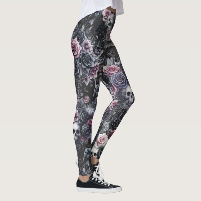 Leggings Gothique Moody Flowers Crânes et corbeaux (Droite)