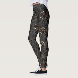 Leggings Gothique noir or rose damask élégant adulte