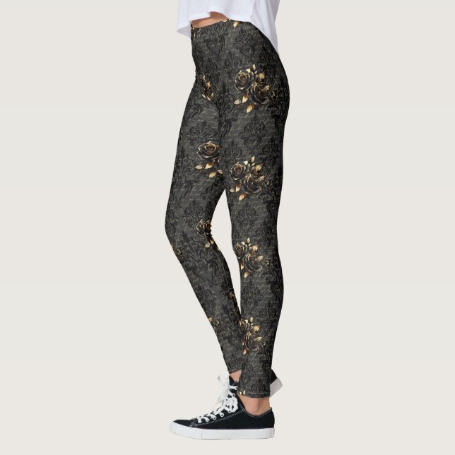 Leggings Gothique noir or rose damask élégant adulte (Gauche)