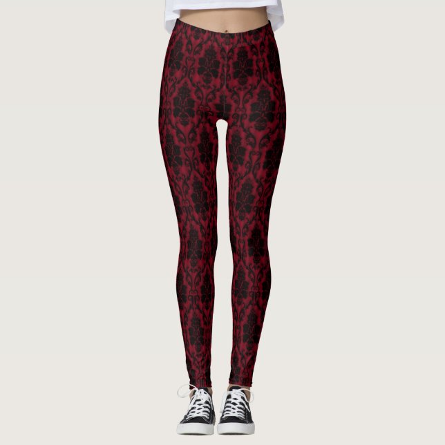 Leggings Gothique rouge noir Damas (Devant)