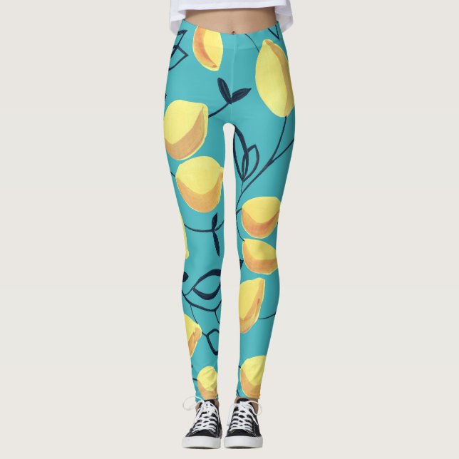 Leggings Gouache de citron jaune motif sur turquoise. (Devant)