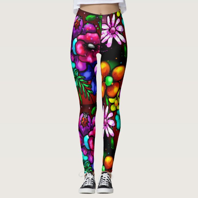 Leggings Graffiti Style Fleurs & Ladybug rose violet rouge (Devant)