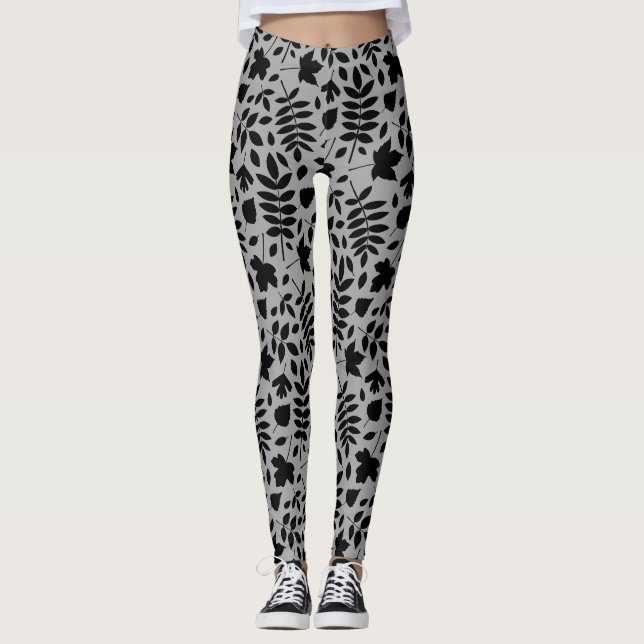 Leggings Grand Motif Feuille tombé noir sur gris (Devant)