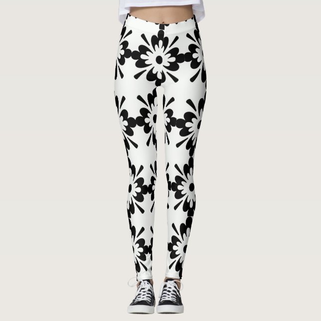 Leggings Grand motif floral noir et blanc (Devant)