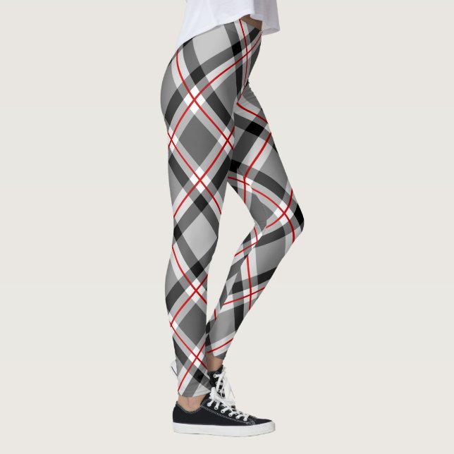 Leggings Grand plaid moderne, noir, blanc, gris et rouge (Droite)