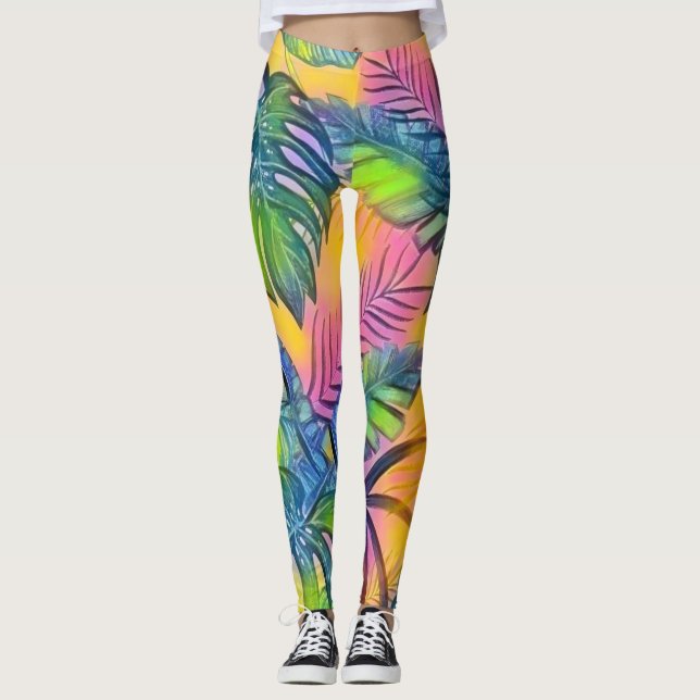 Leggings Grande aquarelle feuille tropicale colorée (Devant)