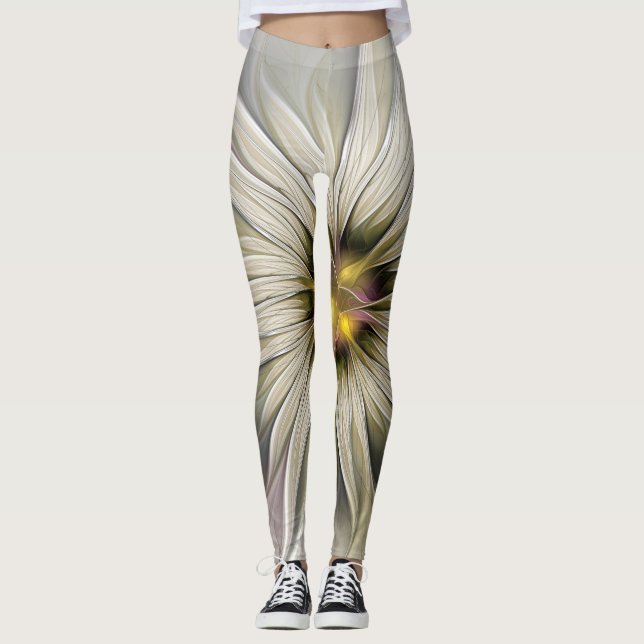 Leggings Grande Fleur d'ivoire, Abstrait Art Fractal Modern (Devant)