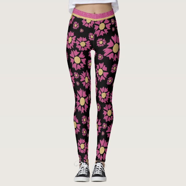 Leggings Grandes Parties scintillant Rose Or Fleurs Fille F (Devant)