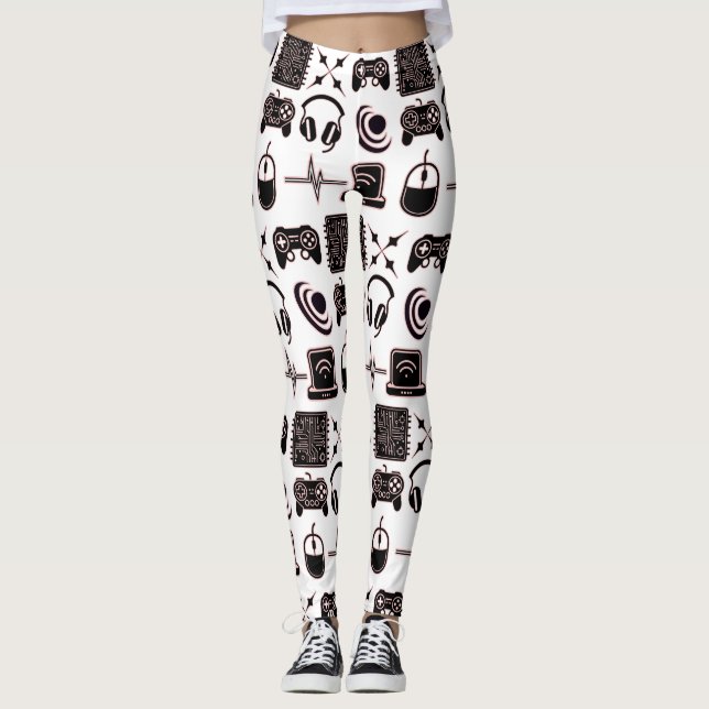 Leggings Graphismes de jeu | Joueuse Noir, Blanc et Rose (Devant)