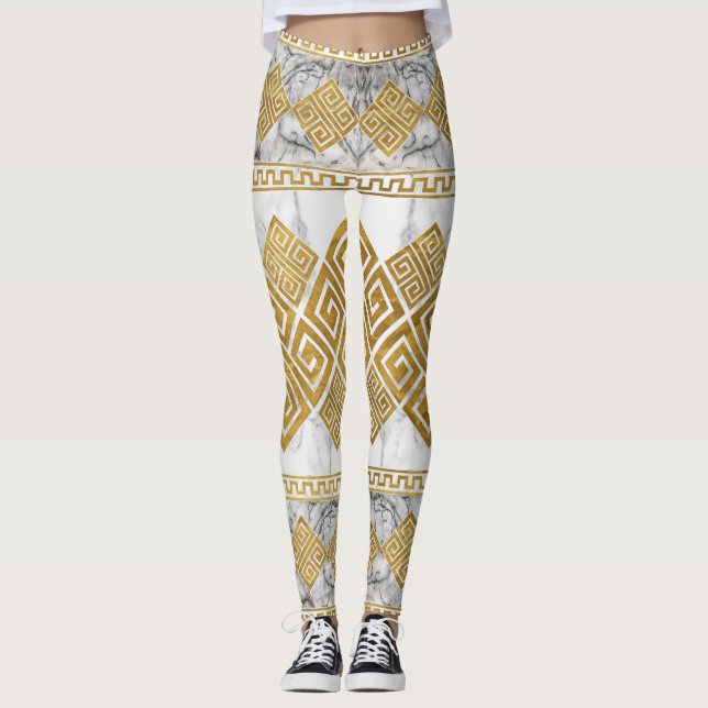 Leggings Greek Meander - Greek Key White Marble and Gold (Devant)