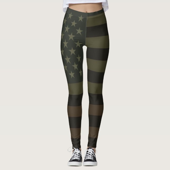 Leggings Green, Brown, & Black American Flag Earth Tones  (Devant)