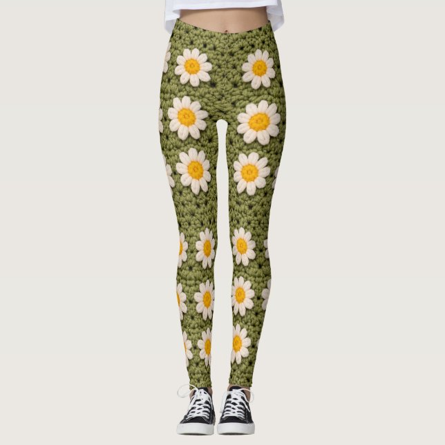 Leggings Green Daisy Granny Square Crochet Pattern Floral (Devant)