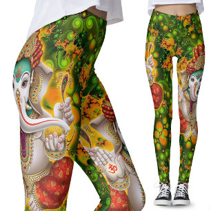 Leggings Green Ganesh God Hippie Boho Festival psychédéliqu