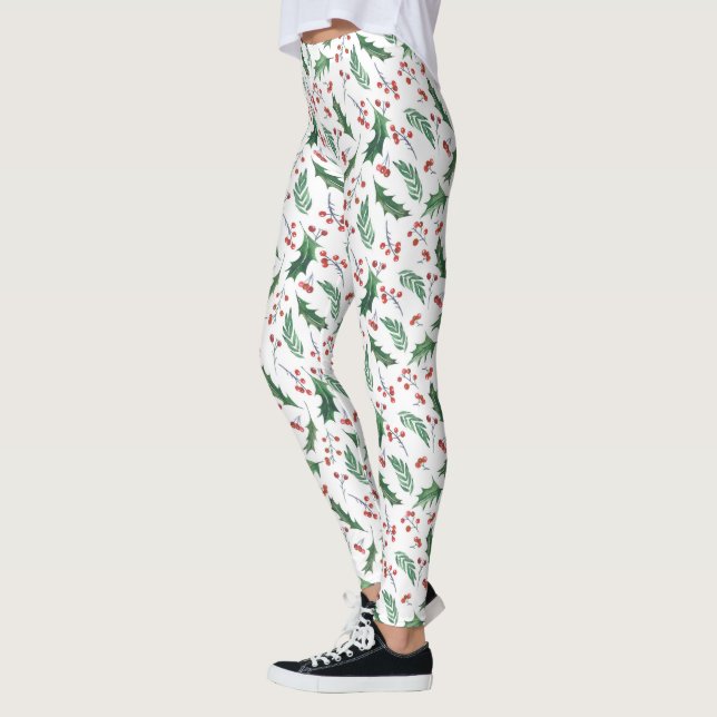 Leggings Green Holly Red Berries Motif de vacances (Gauche)