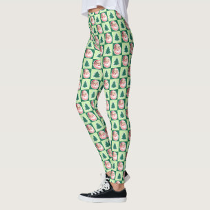 Leggings Green Retro Santa Claus Arbre de Noël Plaid