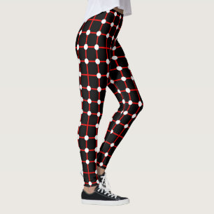 Leggings Grille rouge et Motif point blanc sur noir