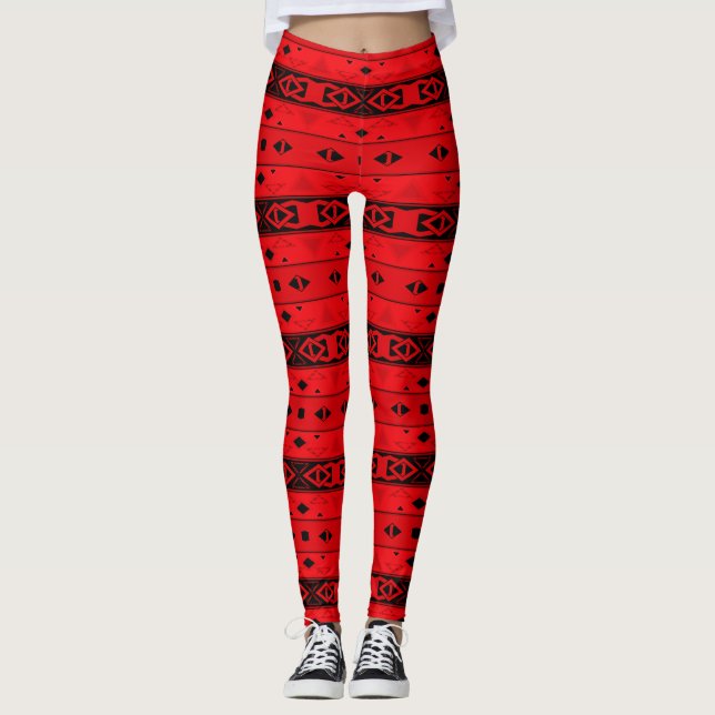 Leggings Grilles et formes géométriques rouge noir (Devant)