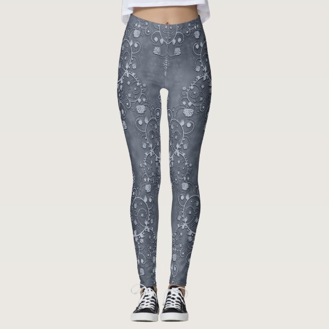Leggings Gris acier/Etain et damas floral gris clair (Devant)