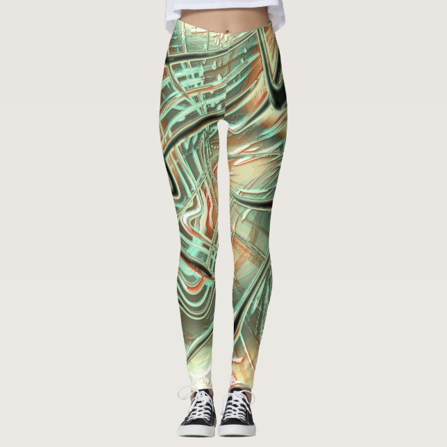 Leggings Gris ondulé numérique sur orange pâle à vert (Devant)