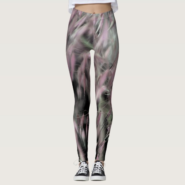 Leggings Gris rose Abstrait et herbe verte sur gris (Devant)