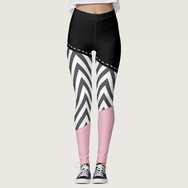 Leggings Gris Zigzag, Gris Chevron, Motif Zigzag, Rose (Devant)