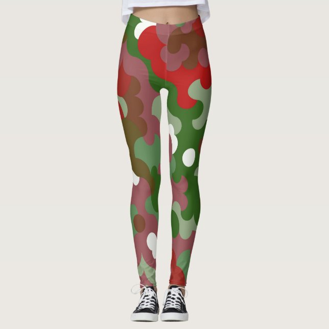 Leggings Groovy Funky Rétro Boho Rouge et Vert Noël (Devant)