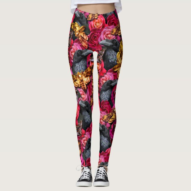 Leggings Grosse tête de mort Moths corbeau gothique Roses (Devant)