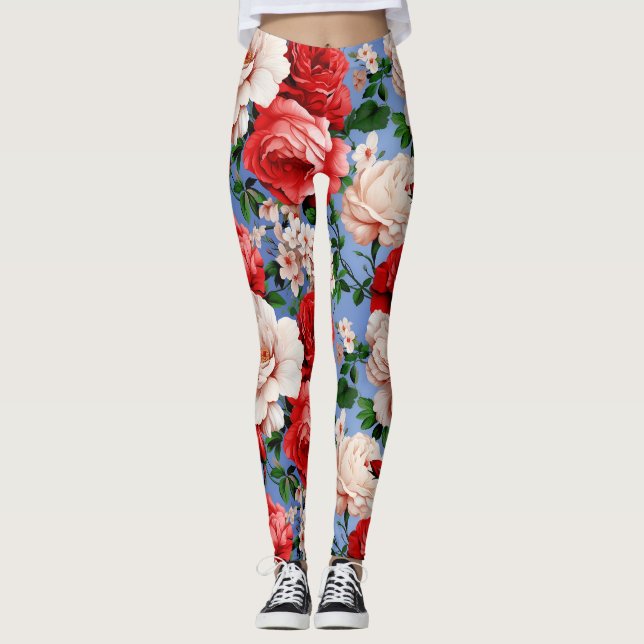 Leggings Grosses fleurs de rose rouge rétro (Devant)